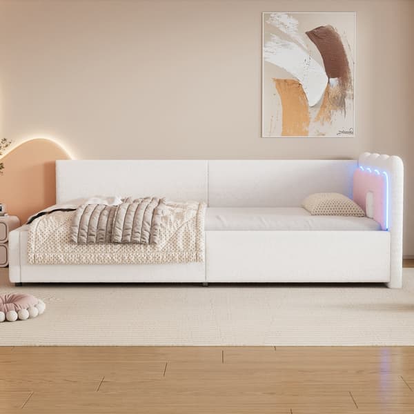 Daybett 90x200cm - Tagesbitt, Schlafsofa, LED-Umgebungslicht med fjernbetjening - Vliesimitate, hvid