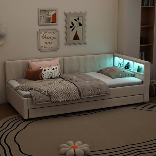 Daybett 90x200cm - Tagesbitt, Schlafsofa, USB+Type C, LED-Umgebungslicht, Ausziehbar, Lättost - Leinen, Beige