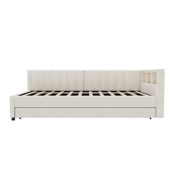 Daybett 90x200cm - Tagesbitt, Schlafsofa, USB+Type C, LED-Umgebungslicht, Ausziehbar, Lättost - Leinen, Beige
