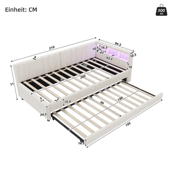 Daybett 90x200cm - Tagesbitt, Schlafsofa, USB+Type C, LED-Umgebungslicht, Ausziehbar, Lättost - Leinen, Beige