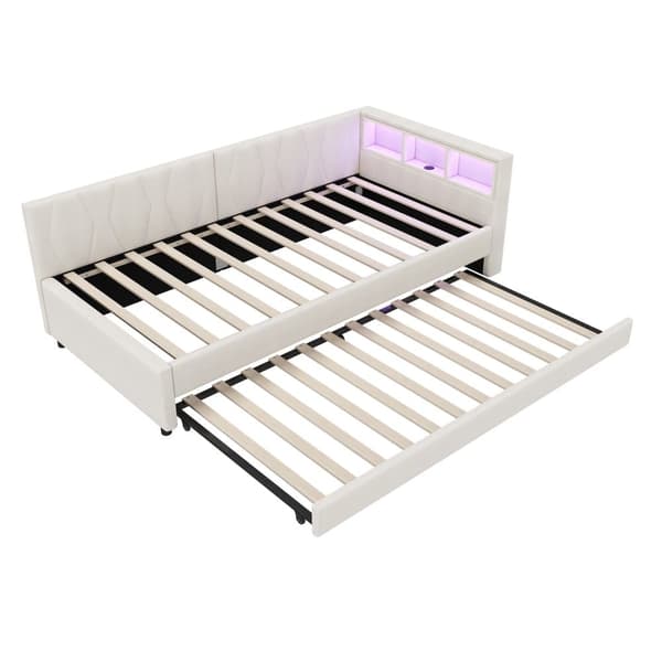 Daybett 90x200cm - Tagesbitt, Schlafsofa, USB+Type C, LED-Umgebungslicht, Ausziehbar, Lättost - Leinen, Beige