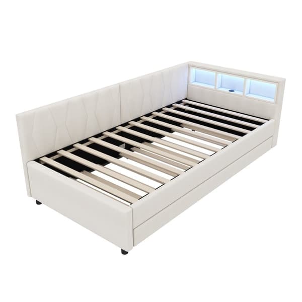 Daybett 90x200cm - Tagesbitt, Schlafsofa, USB+Type C, LED-Umgebungslicht, Ausziehbar, Lättost - Leinen, Beige