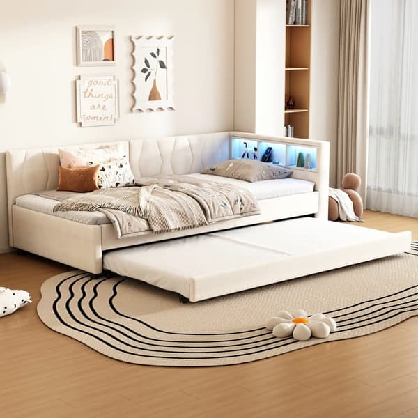 Daybett 90x200cm - Tagesbitt, Schlafsofa, USB+Type C, LED-Umgebungslicht, Ausziehbar, Lättost - Leinen, Beige