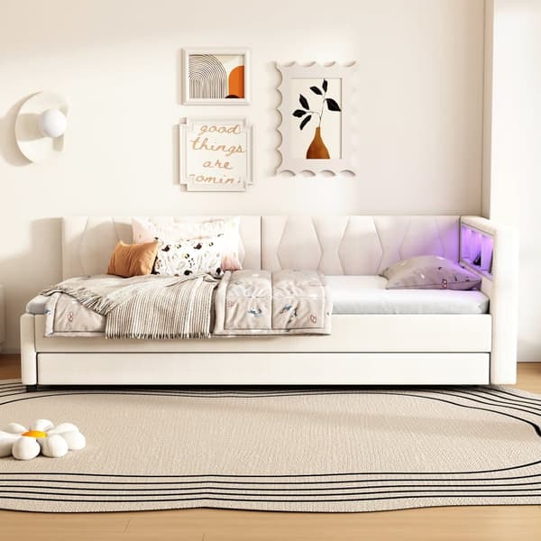 Daybett 90x200cm - Tagesbitt, Schlafsofa, USB+Type C, LED-Umgebungslicht, Ausziehbar, Lättost - Leinen, Beige