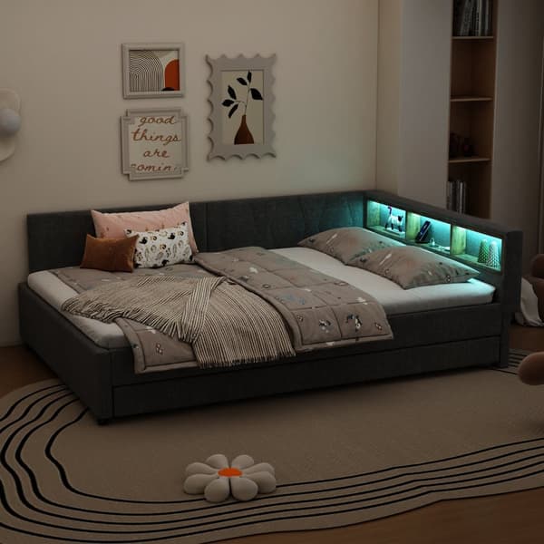 Daybett 140x200cm - Tagesbitt, Schlafsofa, USB+Type C, LED-Umgebungslicht, Ausziehbar, Lättrust - Leinen, Harmaa