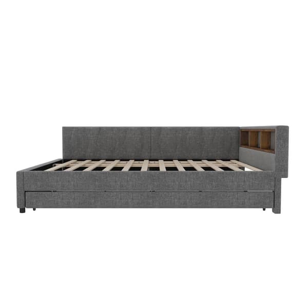 Daybett 140x200cm - Tagesbitt, Schlafsofa, USB+Type C, LED-Umgebungslicht, Ausziehbar, Lättrust - Leinen, Harmaa