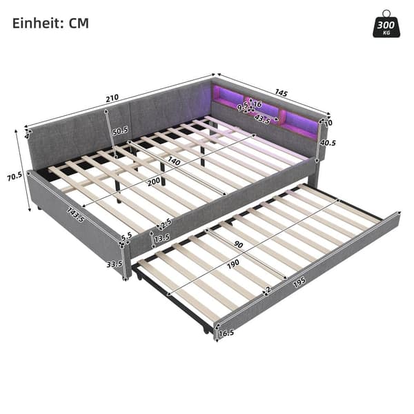 Daybett 140x200cm - Tagesbitt, Schlafsofa, USB+Type C, LED-Umgebungslicht, Ausziehbar, Lättrust - Leinen, Harmaa