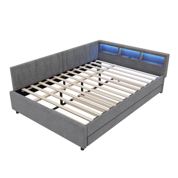 Daybett 140x200cm - Tagesbitt, Schlafsofa, USB+Type C, LED-Umgebungslicht, Ausziehbar, Lättrust - Leinen, Harmaa