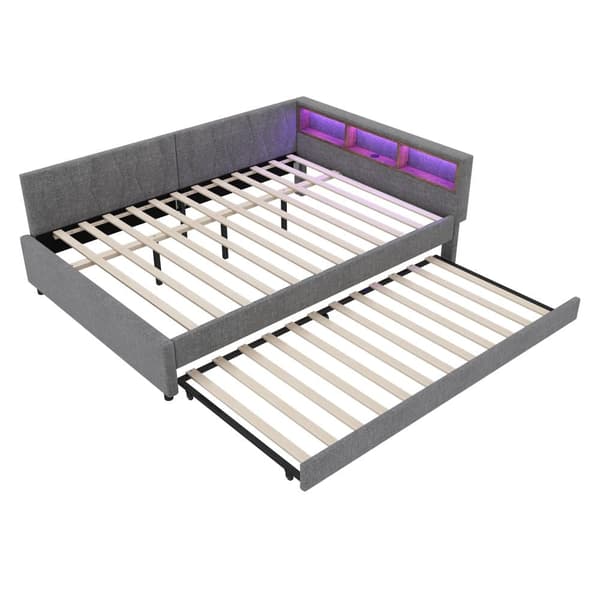 Daybett 140x200cm - Tagesbitt, Schlafsofa, USB+Type C, LED-Umgebungslicht, Ausziehbar, Lättrust - Leinen, Harmaa