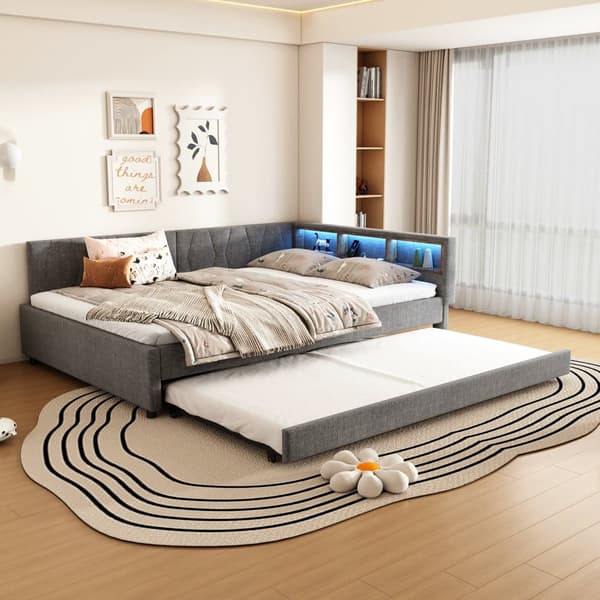 Daybett 140x200cm - Tagesbitt, Schlafsofa, USB+Type C, LED-Umgebungslicht, Ausziehbar, Lättrust - Leinen, Harmaa