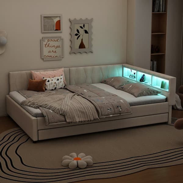 Daybett 140x200cm - Tagesbitt, Schlafsofa, USB+Type C, LED-Umgebungslicht, Ausziehbar, Lättrust - Leinen, Beige