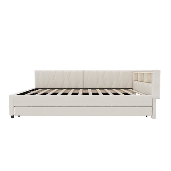 Daybett 140x200cm - Tagesbitt, Schlafsofa, USB+Type C, LED-Umgebungslicht, Ausziehbar, Lättrust - Leinen, Beige