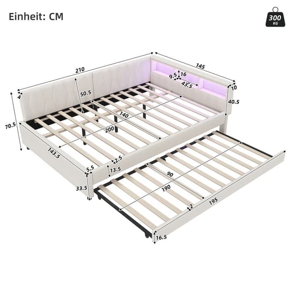 Daybett 140x200cm - Tagesbitt, Schlafsofa, USB+Type C, LED-Umgebungslicht, Ausziehbar, Lättrust - Leinen, Beige