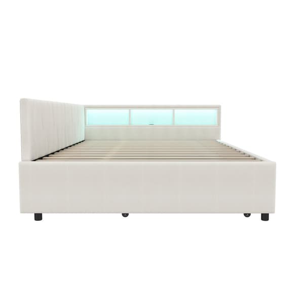 Daybett 140x200cm - Tagesbitt, Schlafsofa, USB+Type C, LED-Umgebungslicht, Ausziehbar, Lättrust - Leinen, Beige