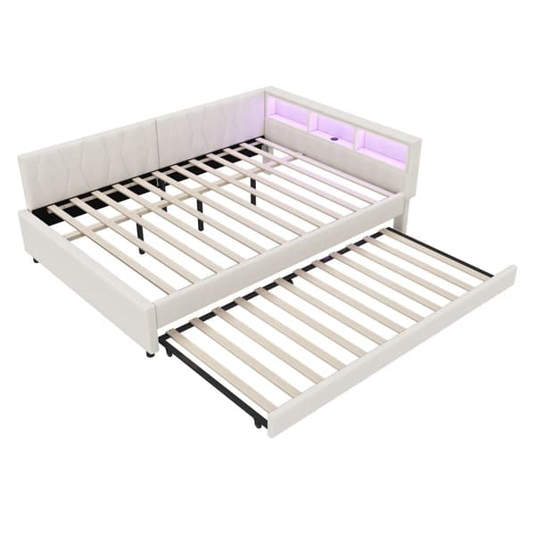 Daybett 140x200cm - Tagesbitt, Schlafsofa, USB+Type C, LED-Umgebungslicht, Ausziehbar, Lättrust - Leinen, Beige