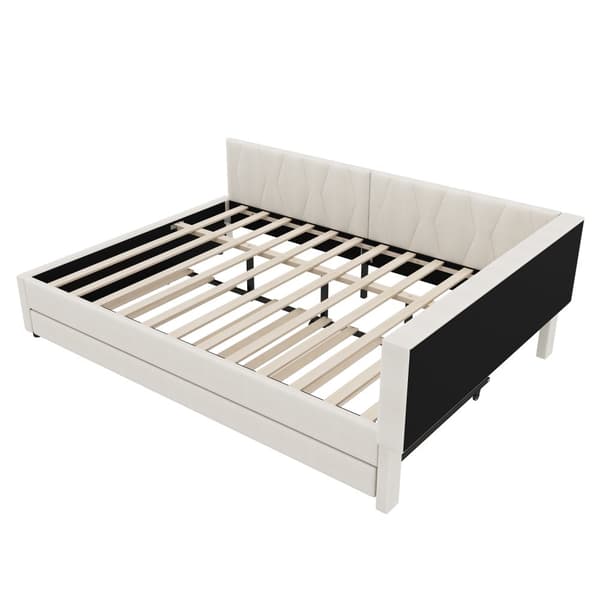 Daybett 140x200cm - Tagesbitt, Schlafsofa, USB+Type C, LED-Umgebungslicht, Ausziehbar, Lättrust - Leinen, Beige