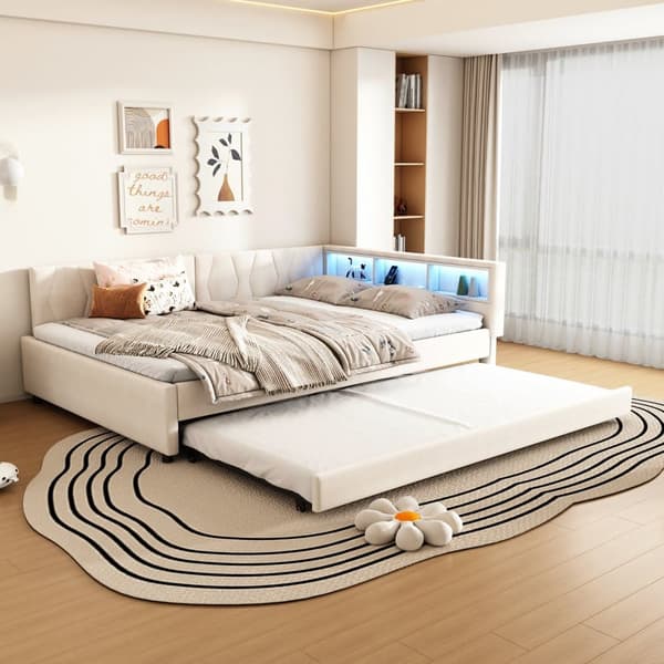 Daybett 140x200cm - Tagesbitt, Schlafsofa, USB+Type C, LED-Umgebungslicht, Ausziehbar, Lättrust - Leinen, Beige
