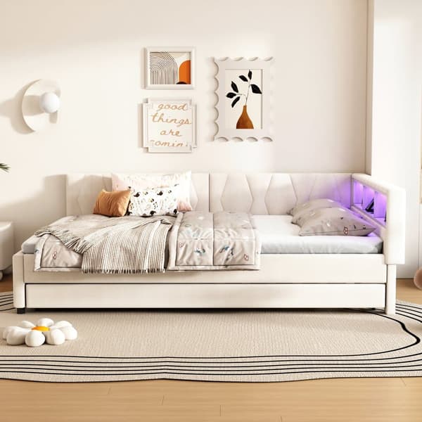 Daybett 140x200cm - Tagesbitt, Schlafsofa, USB+Type C, LED-Umgebungslicht, Ausziehbar, Lättrust - Leinen, Beige