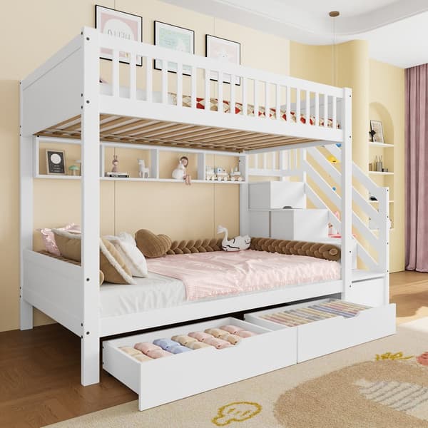 Etagenbit 90x200cm - Kinder bid med Schublade, Regal, Kleiderschrank og Staufach - Weiß