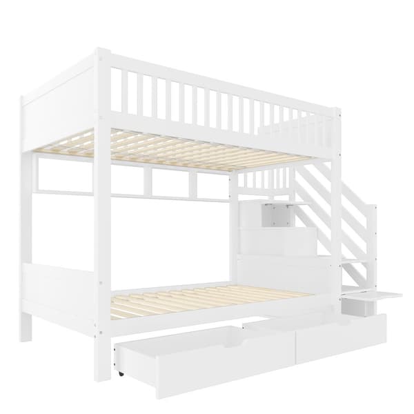 Etagenbit 90x200cm - Kinder bid med Schublade, Regal, Kleiderschrank og Staufach - Weiß