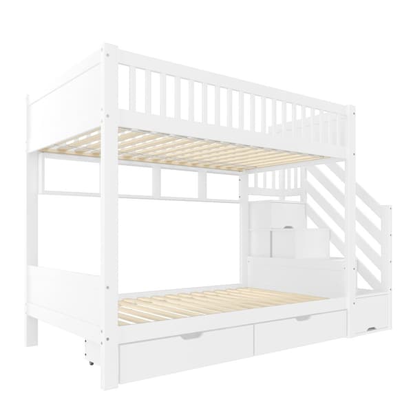 Etagenbit 90x200cm - Kinder bid med Schublade, Regal, Kleiderschrank og Staufach - Weiß