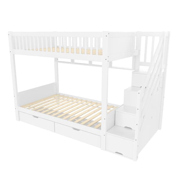 Etagenbit 90x200cm - Kinder bid med Schublade, Regal, Kleiderschrank og Staufach - Weiß