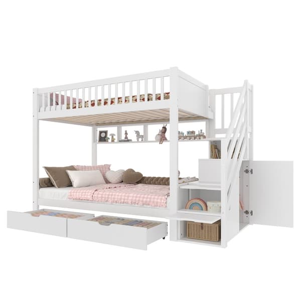 Etagenbit 90x200cm - Kinder bid med Schublade, Regal, Kleiderschrank og Staufach - Weiß