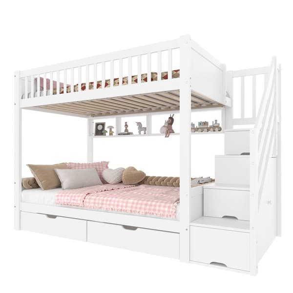 Etagenbit 90x200cm - Kinder-kuolain Schublade, Regal, Kleiderschrank ja Staufach - Weiß