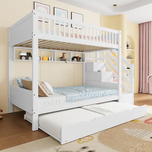 Etagenbit 90x200cm - Kinder bid med Ausziehbett, Regal, Kleiderschrank, Staufach - Weiß