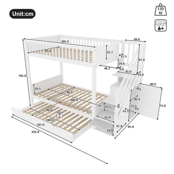 Etagenbit 90x200cm - Kinder bid med Ausziehbett, Regal, Kleiderschrank, Staufach - Weiß