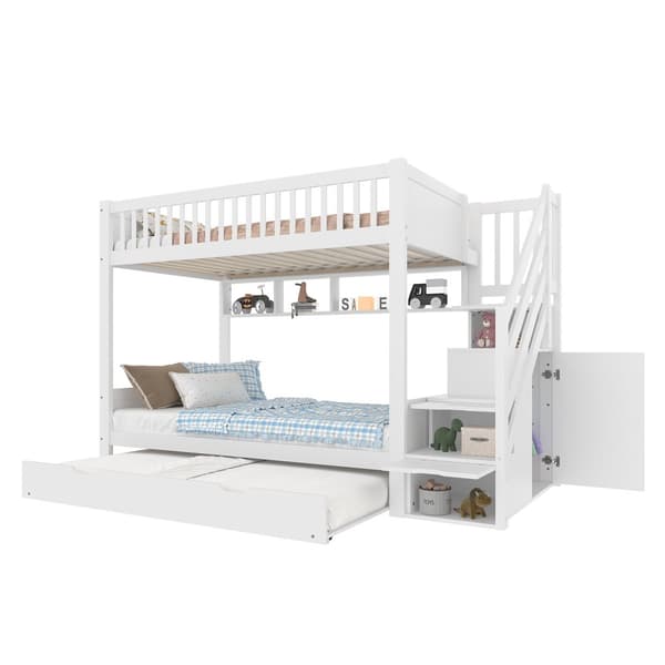 Etagenbit 90x200cm - Kinder bid med Ausziehbett, Regal, Kleiderschrank, Staufach - Weiß