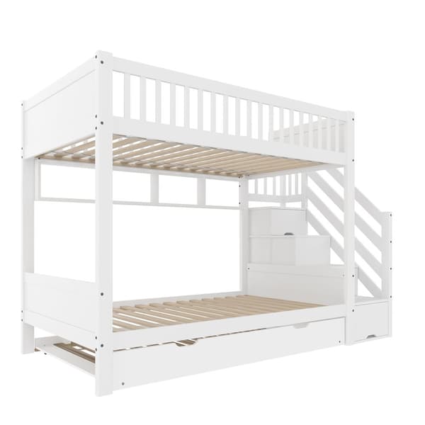 Etagenbit 90x200cm - Kinder bid med Ausziehbett, Regal, Kleiderschrank, Staufach - Weiß