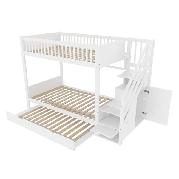 Etagenbit 90x200cm - Kinder bid med Ausziehbett, Regal, Kleiderschrank, Staufach - Weiß