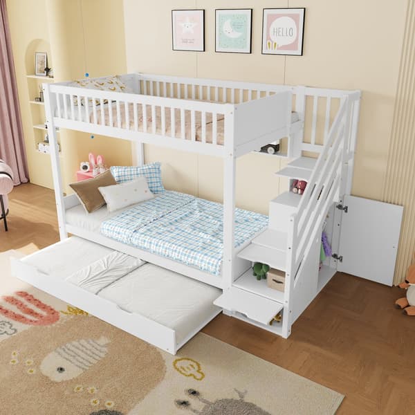 Etagenbit 90x200cm - Kinder bid med Ausziehbett, Regal, Kleiderschrank, Staufach - Weiß