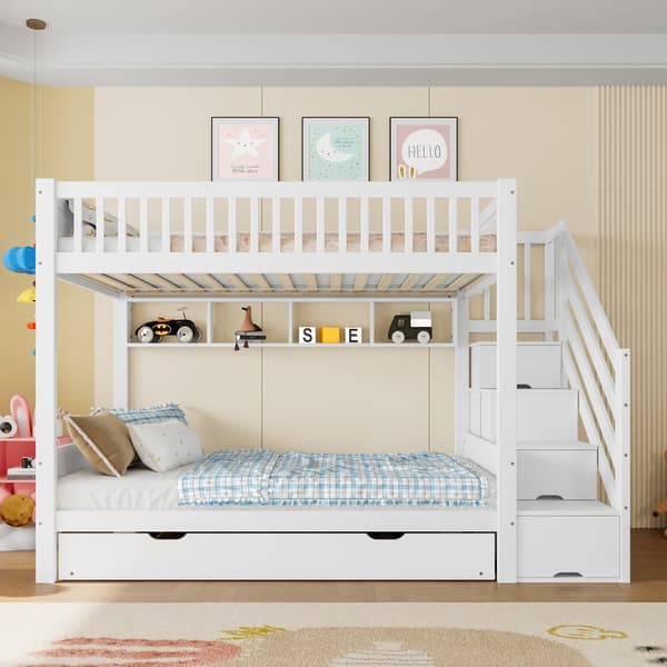 Etagenbit 90x200cm - Kinder bid med Ausziehbett, Regal, Kleiderschrank, Staufach - Weiß