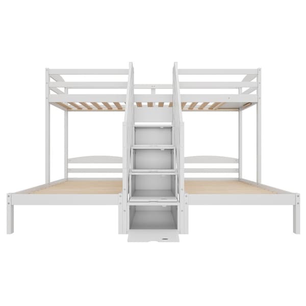 Korkea sänky 90x200cm - 3 sänkyä, mänty, tikkaat laatikoilla, kaiteet, EN 747 -sertifioitu - valkoinen