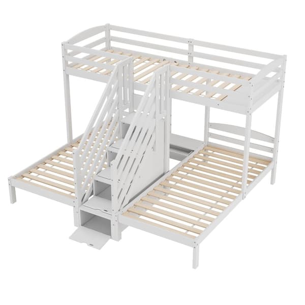 Korkea sänky 90x200cm - 3 sänkyä, mänty, tikkaat laatikoilla, kaiteet, EN 747 -sertifioitu - valkoinen