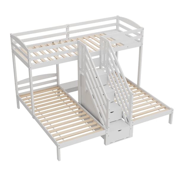 Korkea sänky 90x200cm - 3 sänkyä, mänty, tikkaat laatikoilla, kaiteet, EN 747 -sertifioitu - valkoinen