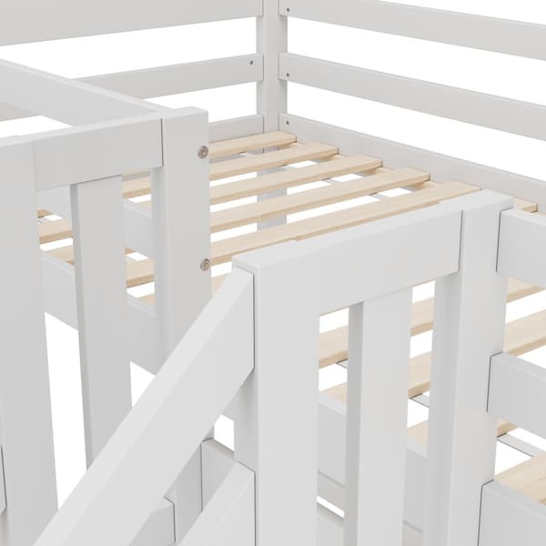 Korkea sänky 90x200cm - 3 sänkyä, mänty, tikkaat laatikoilla, kaiteet, EN 747 -sertifioitu - valkoinen