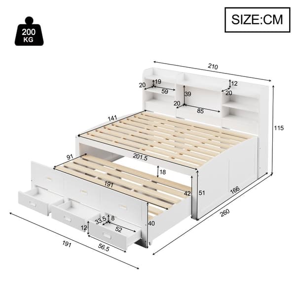 Schlafsofa 140x200cm - Daybett, Tagesbett, 3 Schubladen, Nachttischablage, LED-Fernbedienung, USB + Type-C - Weiß