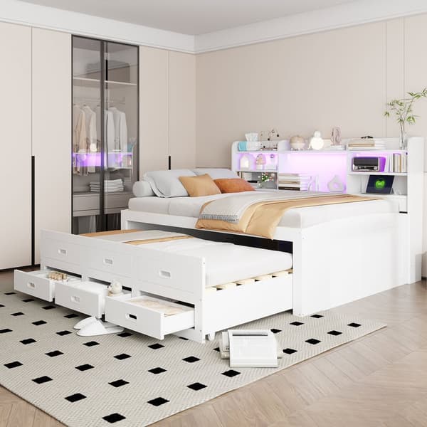 Schlafsofa 140x200cm - Daybett, Tagesbett, 3 Schubladen, Nachttischablage, LED-Fernbedienung, USB + Type-C - Weiß