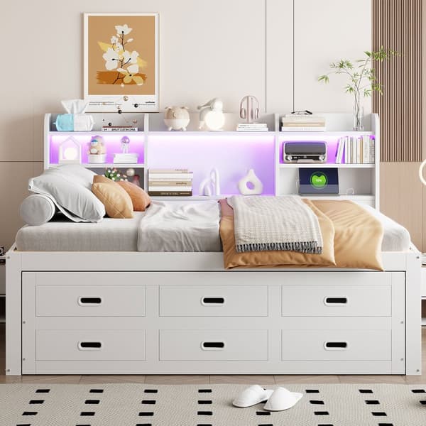 Sløjfe 140x200cm - Daybett, Tagesbett, 3 stk. Schubladen, Sløjt, LED-Farve, USB + Type-C - Weiß