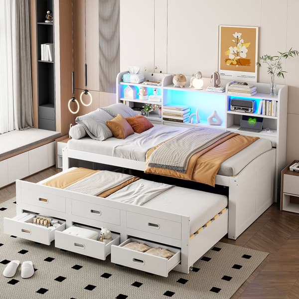 Schlafsofa 90x200cm - Daybett, Tagesbett, 3 Schubladen, Nachttischablage, LED-Fernbedienung, USB + Type-C - Weiß