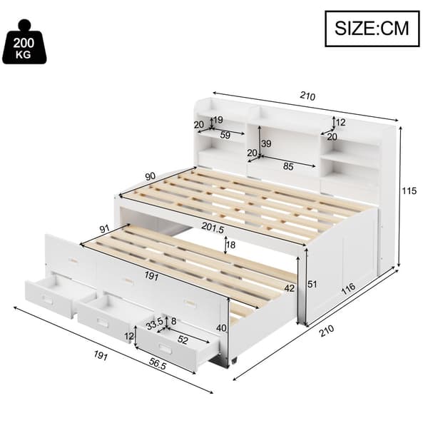 Schlafsofa 90x200cm - Daybett, Tagesbett, 3 Schubladen, Nachttischablage, LED-Fernbedienung, USB + Type-C - Weiß