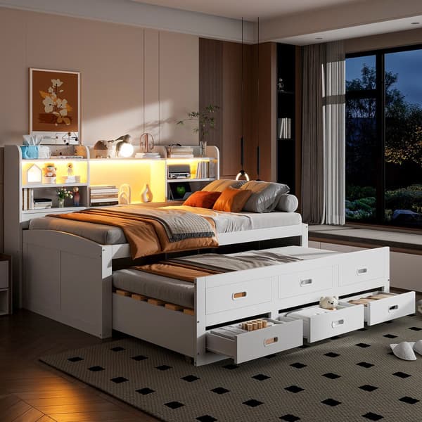 Schlafsofa 90x200cm - Daybett, Tagesbett, 3 Schubladen, Nachttischablage, LED-Fernbedienung, USB + Type-C - Weiß