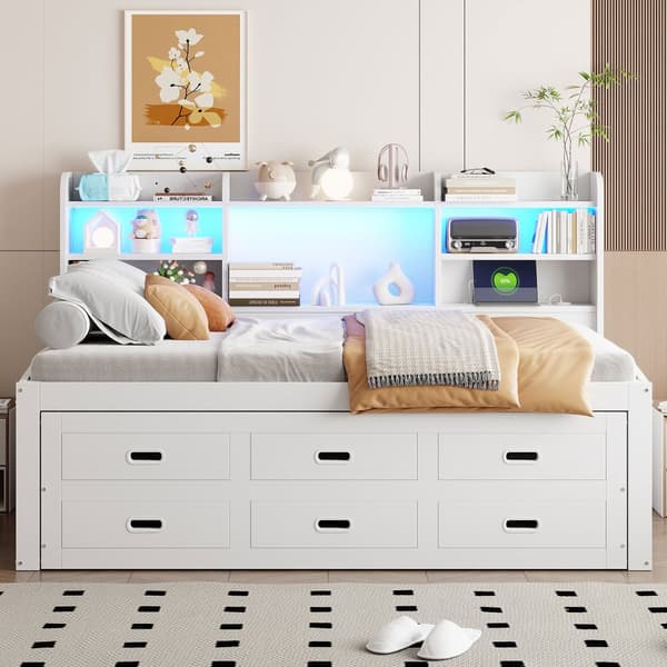 Schlafsofa 90x200cm - Daybett, Tagesbett, 3 Schubladen, Nachttischablage, LED-Fernbedienung, USB + Type-C - Weiß