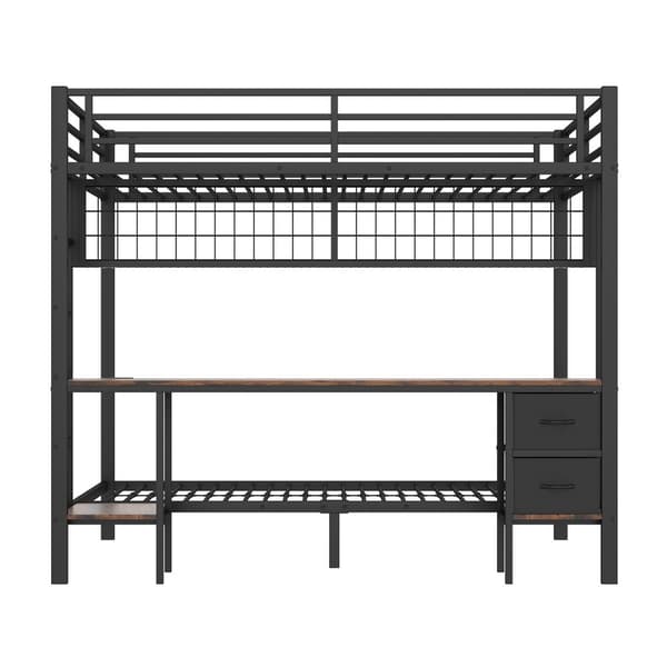 Hochbett 90x200 & 140x200, Eisenrahmen, Schubladen, Ablagen, LED-Leiste, USB-Anschluss, Schreibtisch, Schwarz