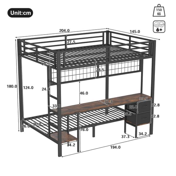 Hochbett 90x200 & 140x200, Eisenrahmen, Schubladen, Ablagen, LED-Leiste, USB-Anschluss, Schreibtisch, Schwarz