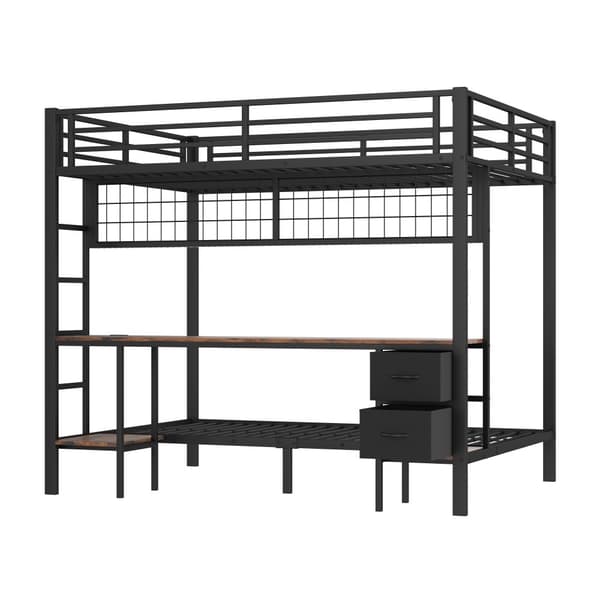 Hochbett 90x200 & 140x200, Eisenrahmen, Schubladen, Ablagen, LED-Leiste, USB-Anschluss, Schreibtisch, Schwarz