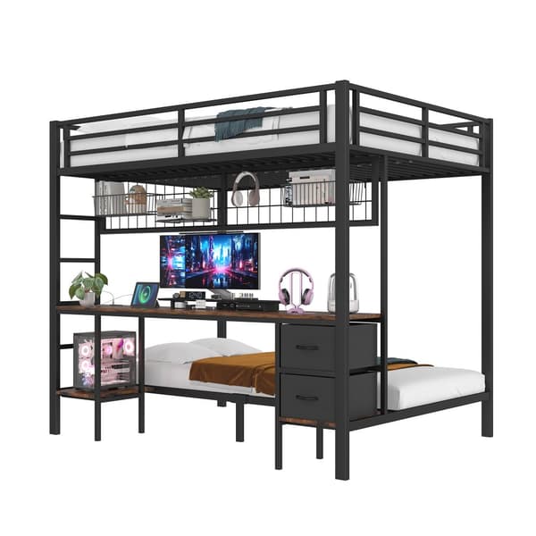 Hochbett 90x200 & 140x200, Eisenrahmen, Schubladen, Ablagen, LED-Leiste, USB-Anschluss, Schreibtisch, Schwarz